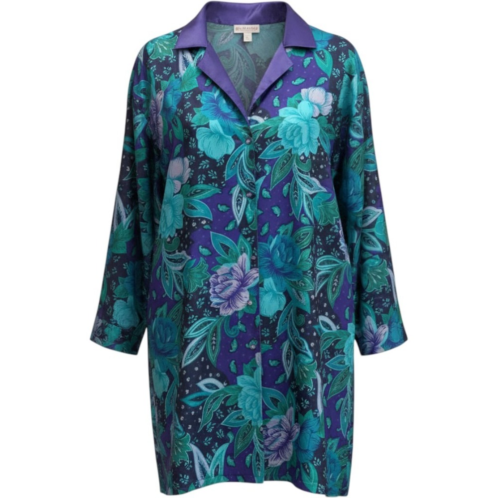 Lingerie Cacique Purple Teal Floral Paisley Satin Sleep Shirt Medium Vintage